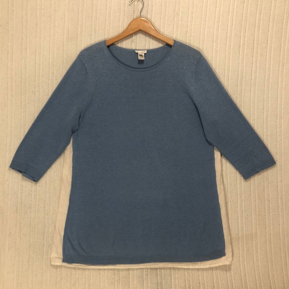 J. Jill Blue Knit 3/4 Sleeve Sweater White Linen Layered Hem Top Large - Picture 3 of 8